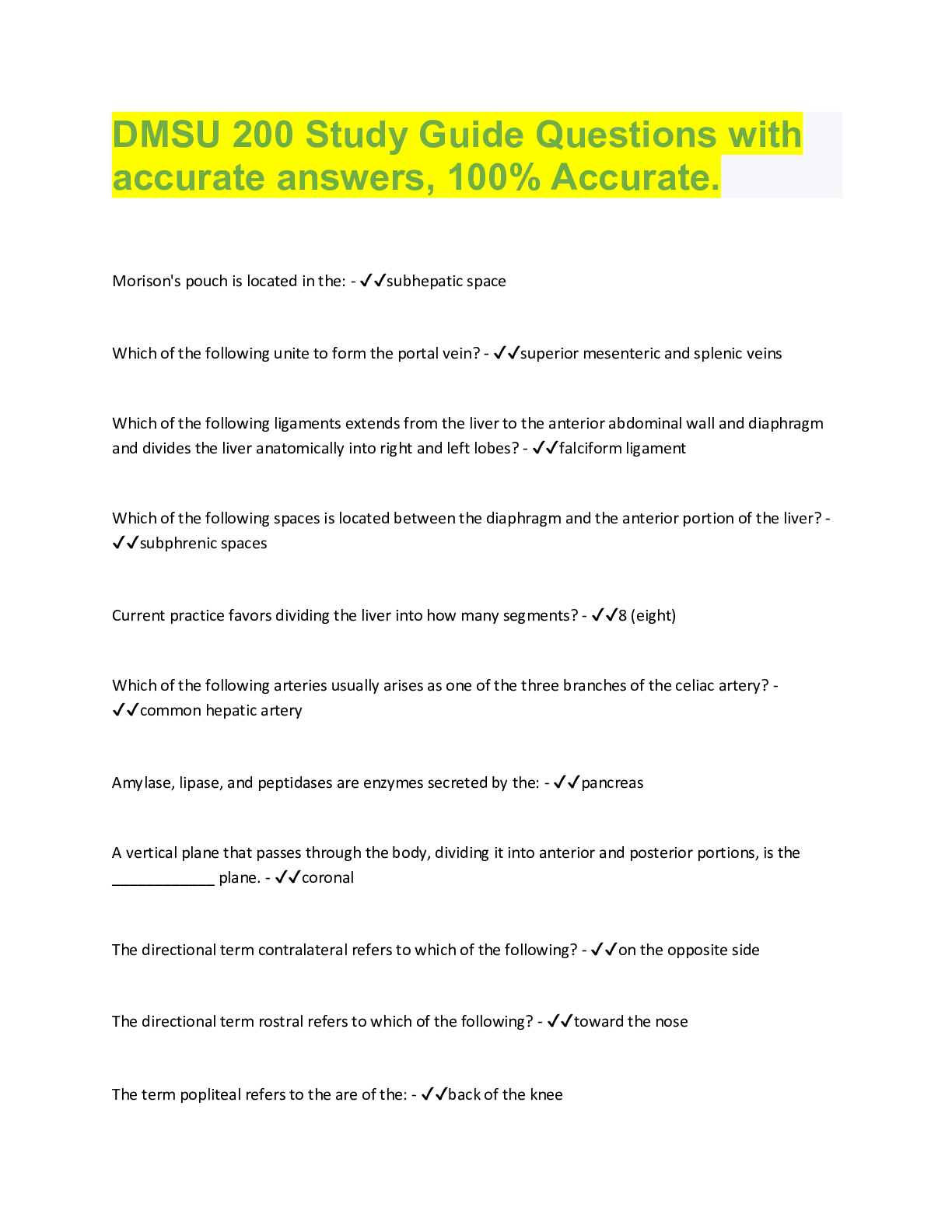 Preview of DMSU 200 Study Guide Questions with  accurate answers, 100% Accurate.